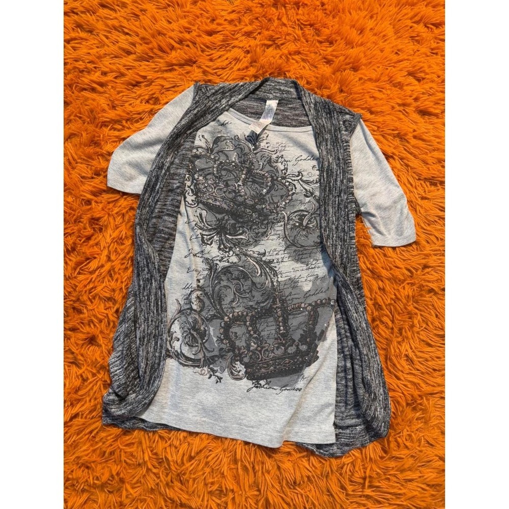 Artistic Works Girls 2pc Set Crown Graphic Tee & Space Dye Cardigan Grey M 10/12